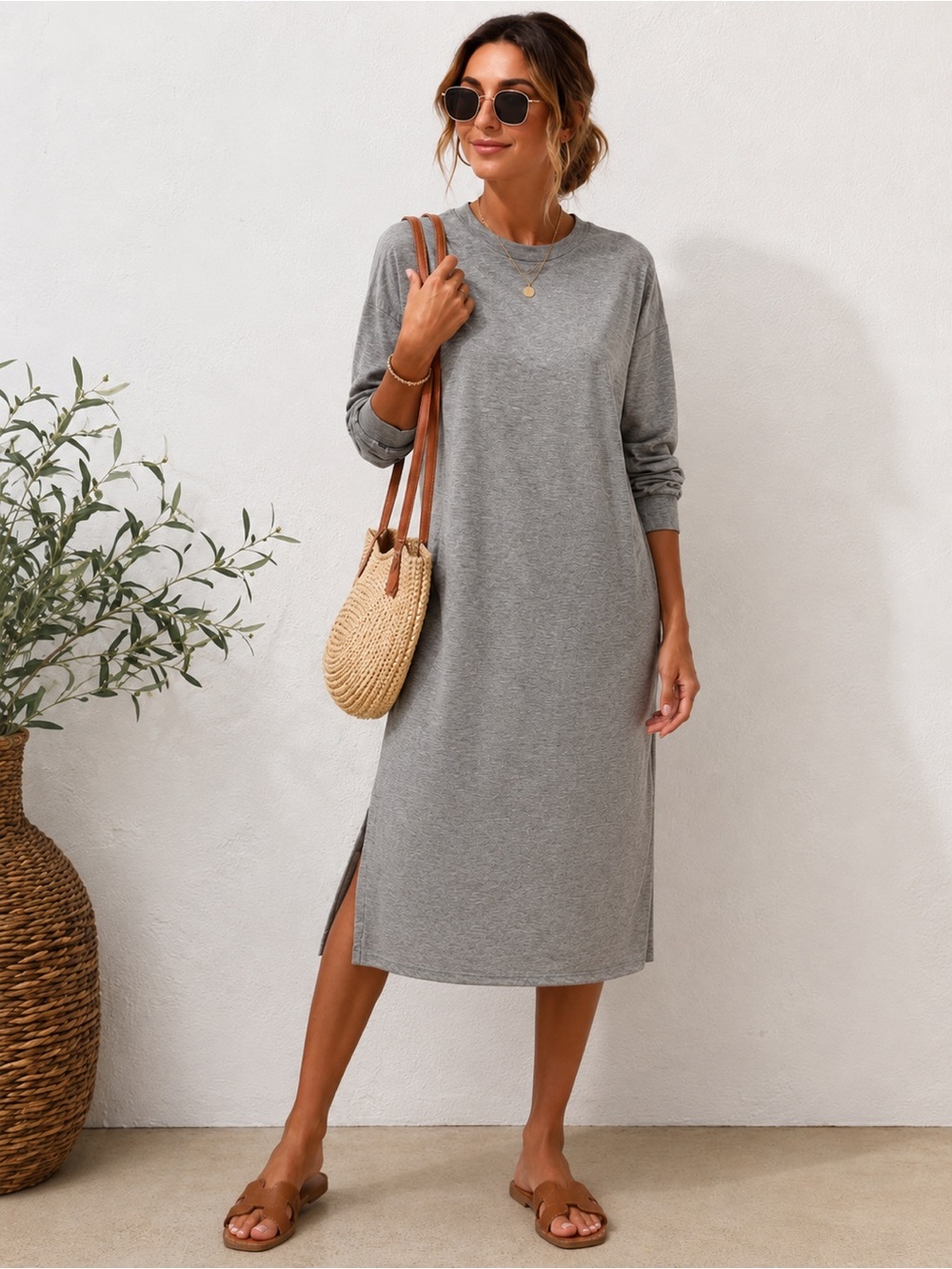 Brigitte Brianna Gray Medium Midi Maxi Lounge Dress Modest Long Sleeve USA Made